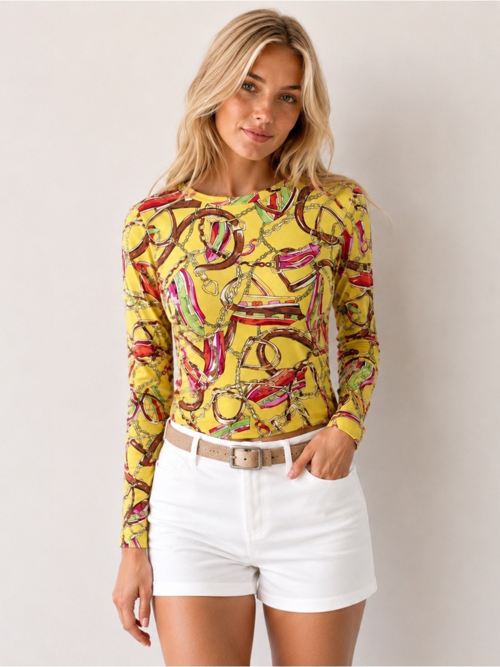 Icikuls Long Sleeve Top Yellow Horse Bit Equestrian Print Mesh Underarms Size S